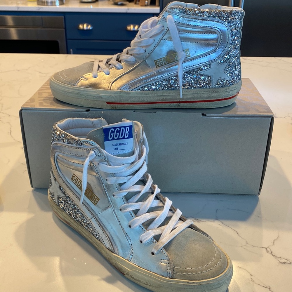 Golden Goose mid top sneaker in glitter, leather and suede sz 38